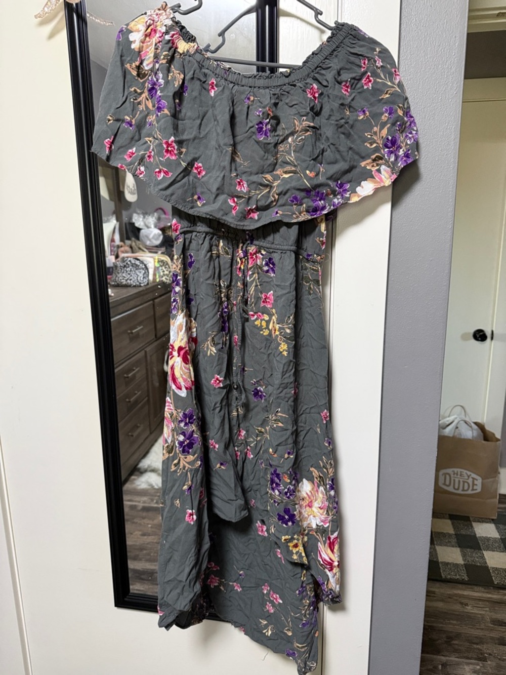 Off-Shoulder Floral Midi Dress in Charcoal Gray